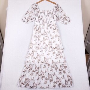 Kings Road Smocked Tiered Floral Midi Dress XL White Brown Cottagecore Boho